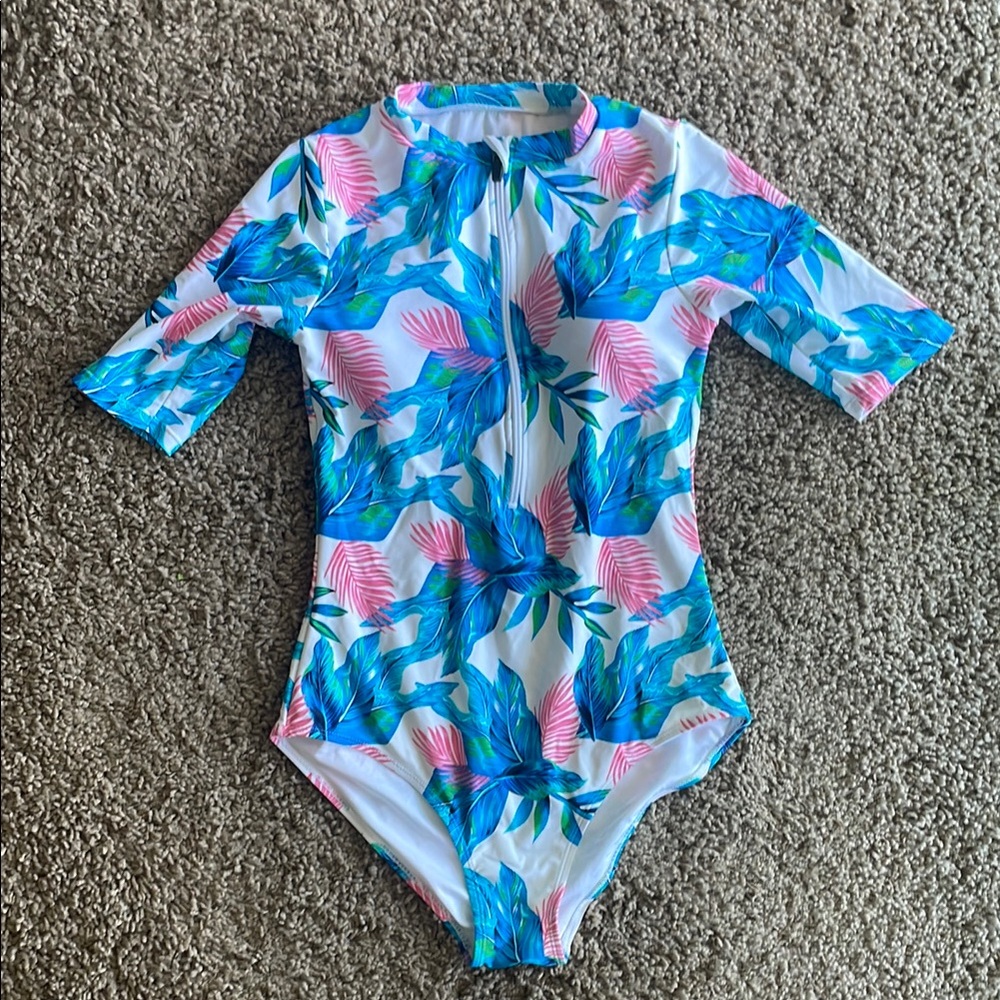 Tropical Zip-Front Women’s One-Piece Swimsuit - Blue & Pink